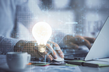 Growing arrows with businessman working on computer on background. Success concept. Double exposure.