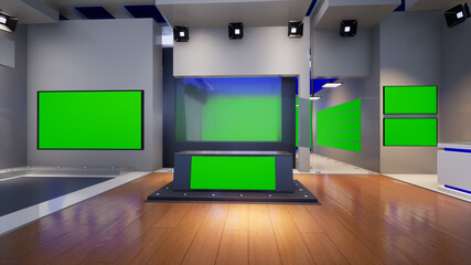 3D Virtual TV Studio News with green screen, 3d illustration