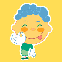 emoticon with chibi boy with yummy expression on his face showing delicious gesture and sticking tongue out a little to express how tasty the food is