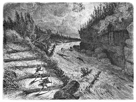 Montmorency river violent rapids flow in a night storm, Canada. Ancient grey tone etching style art by Huet, Le Tour du Monde, Paris, 1861