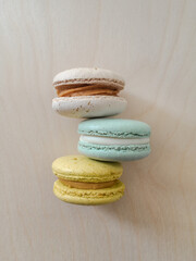 Close-up french macarons on wooden background