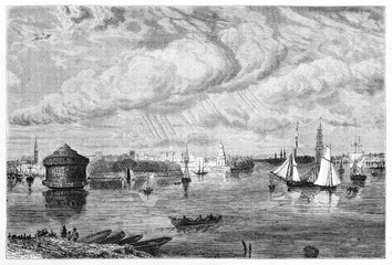 New York old seaport entrance, large seascape with ships approaching to land. Ancient grey tone etching style art by Huet, Le Tour du Monde, Paris, 1861 - 385234054