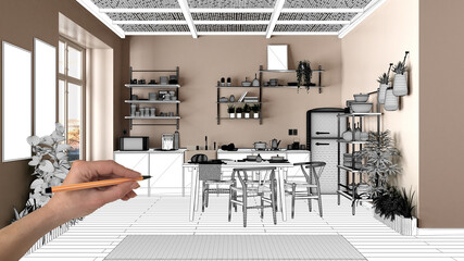 Unfinished project, under construction draft, concept interior design sketch, hand drawing blueprint modern wooden kitchen sketch in real background, architect and designer idea