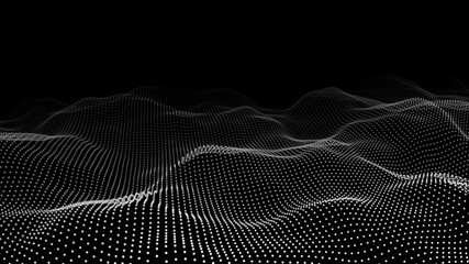 Abstract wave with moving dots. Flow of particles. Vector cyber technology illustration.