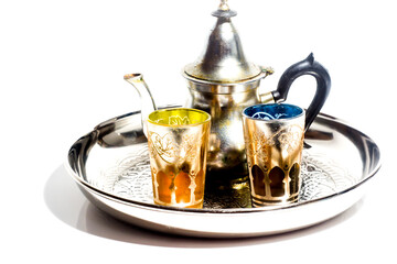 Group of teapot and glasses of oriental tea on a tray on white background