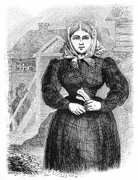 half body portrait of Marie, Norwegian girl, hairs covered by handkerchief and long dress. Ancient grey tone etching style art by unidentified author, Le Tour du Monde, Paris, 1861