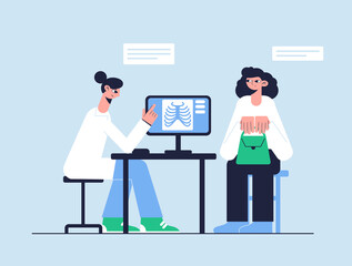 Vector illustration. Medical concept. Doctor shows a chest X-ray to the patient.