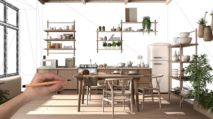 Unfinished project, under construction draft, concept interior design sketch, hand drawing real wooden kitchen with dining table over blueprint background, architect and designer idea