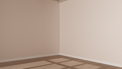 Empty room interior design, open space with white walls and parquet wooden floor and bamboo ceiling, modern contemporary architecture, morning light, mock-up with copy space