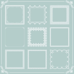 Vintage set of vector elements. Different square elements for design frames, cards, menus and monograms. Classic light blue and white patterns. Set of vintage patterns