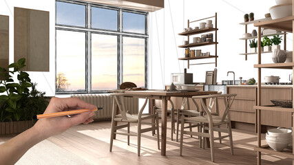 Unfinished project, under construction draft, concept interior design sketch, hand drawing real wooden kitchen with dining table over blueprint background, architect and designer idea