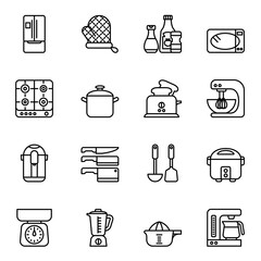 Kitchen and Cooking equipment icons set with white background. Thin line style stroke vector.