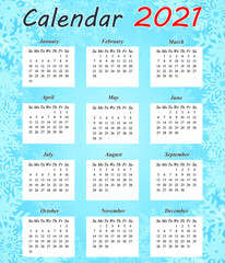 Design of the calendar for 2021. Monthly calendar for 2021. The set is designed for 12 months. The week starts on Sunday. Abstract art of vector illustrations.