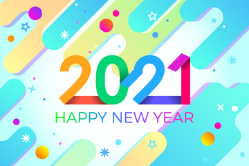 2021 Happy New Year. Paper Memphis geometric bright style for holidays flyers, greetings, invitations, Happy New Year or Merry Christmas cards. Holiday background, poster, banner. Vector Illustration.