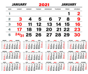Calendar 2021. The week starts on Sunday. Design of a wall calendar template.Set 12 months