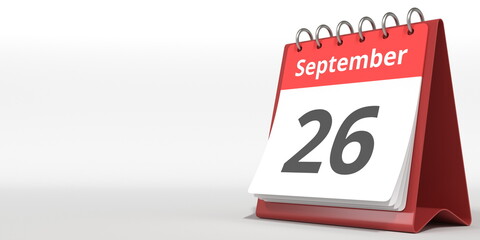 September 26 date on the flip calendar page, 3d rendering