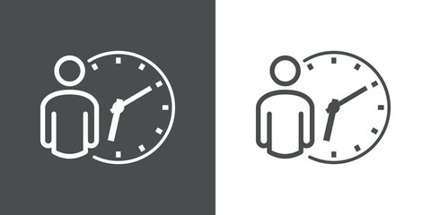 Tiempo de espera. Horario de trabajo. Icono plano lineal hombre con reloj en fondo gris y fondo blanco © teracreonte