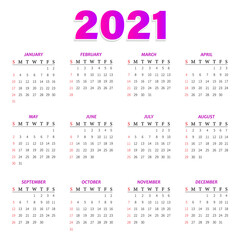 Calendar 2021 -  illustrations. The week starts on Sunday