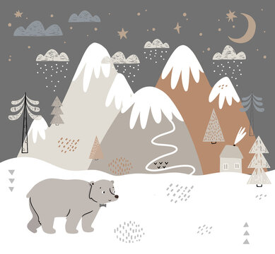 Vector illustration with bear, mountains, trees, clouds, snow, and house. Hand drawn winter illustration in Scandinavian style for kids. For textiles, postcards, baby shower, babywear, nursery.