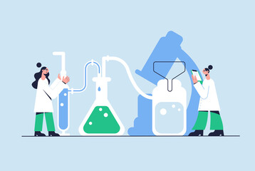 Vector illustration. Medical concept. Doctors experimenting in the laboratory.
