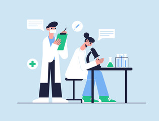 Vector illustration. Medical concept. Doctors experimenting in the laboratory.