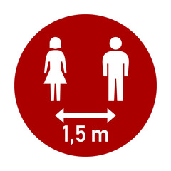 Keep Your Distance 1,5 m or 1,5 Metres Round Social Distancing Instruction Sticker Icon with Male and Female Figures. Vector Image.