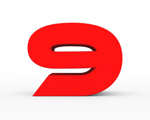 Number 9 - red futuristic 3d font standing isolated on white background