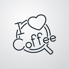 I love coffee. Logotipo con texto y corazón sobre taza de café en fondo gris