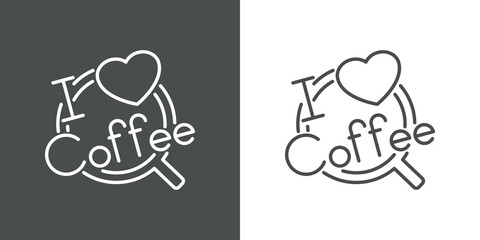 I love coffee. Logotipo con texto y corazón sobre taza de café en fondo gris y fondo blanco
