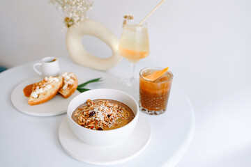 Healthy breakfast bowl Yogurt granola vegetarian food concept