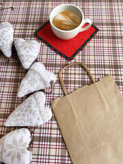 cup coffee heart shopping bag red new year delivery christmas valentine