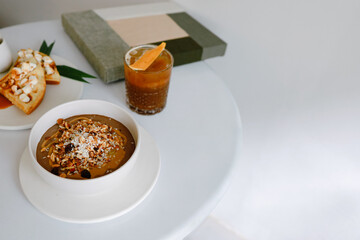 Healthy breakfast. Fresh granola muesli with yogurt Bowl of muesli