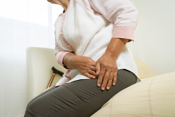 Obraz na płótnie Canvas Hip pain of senior woman at home, healthcare problem of senior concept