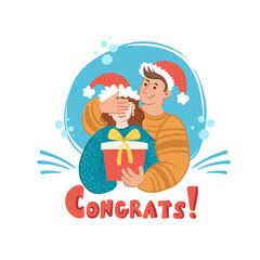 Vector colorful cartoon background on the theme of gift giving, surprise, celebration, greetings, new year, merry christmas. Man makes a present for a woman