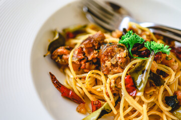 Delicious spaghetti food in restaurant. Tasty spaghetti pasta