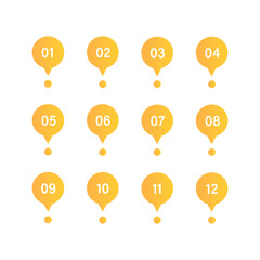 Set bullet point from 1 to 12 sign. Vector flat illustrations. Yellow markers with numbers.