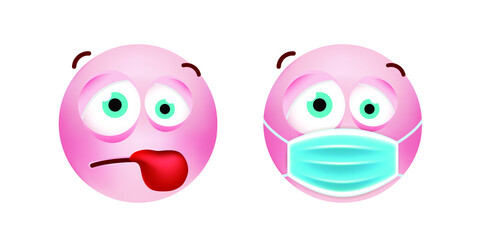 Cute Pink Emoticon with Cartoon Style with Medical Facial Mask on White Background . Isolated Vector Illustration 