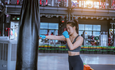 Portrait beauty sport woman wear sportwear posing under exercise with fighting fitness equipment at gym ,she exercise for strong ,make muscle ,protecting basic and good healthy..