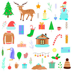 Set of Christmas illustrations. Vector cartoon icons. Isolated objects on white.