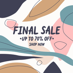 Modern online Sale poster. Different shapes in Doodle style. Abstract spots and shapes on the background.