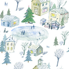 Seamless pattern of a winter town with Christmas tree. House,park,snowflakes and lake. Watercolor hand drawn illustration.White background.
- 385241828
