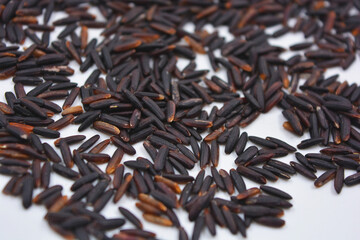 Useful black long unpolished wild rice sprinkled on a white plate. Healthy food, healthy cereals for every day is natural rice.