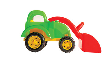 green toy tractor ON A WHITE BACKGROUND, HORIZONTAL ORIENTATION, ISOLATED