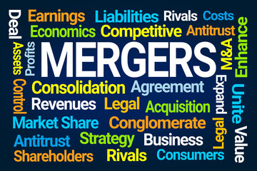 Mergers Word Cloud on Blue Background