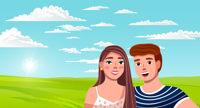 Young smiling couple take picture on the background of a picturesque green plain. Country landscape, trip out of town. Tourist trip. Long haired woman and man close up. Flat image illustration