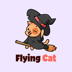 CUTE LITTLE BLACK CAT WEARING WITCH HAT AND FLYING WITH BROOM CARTOON ILLUSTRATION