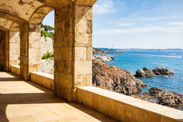 Arches of the Sa Conca viewpoint where the coastal path from Sa Conca to Platja d'Aro passes. Sant...