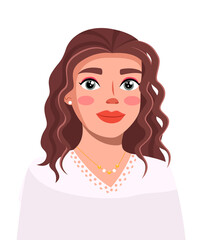 Beautiful young girl with curled hair, with makeup, closeup. Well-groomed woman. Lipstick, eye shadow, blush. Blogger, streamer, model. Educational master class online. Flat vector image on white