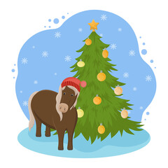 New year cartoon illustration. Funny scene with a horse wearing a hat and a Christmas tree with balls.