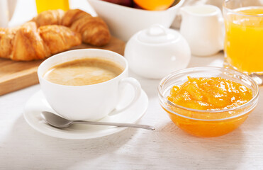 breakfast with cup of coffee and croissants